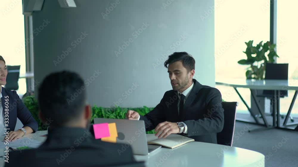 Poster male corporate director reading tutorial data from financial website during time for collaboration w