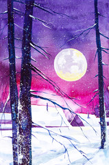 Watercolor illustration of a landscape. Village houses on the background of a large moon among trees and large snowdrifts in the foreground