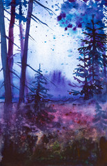 Watercolor illustration of a beautiful Russian forest at sunset