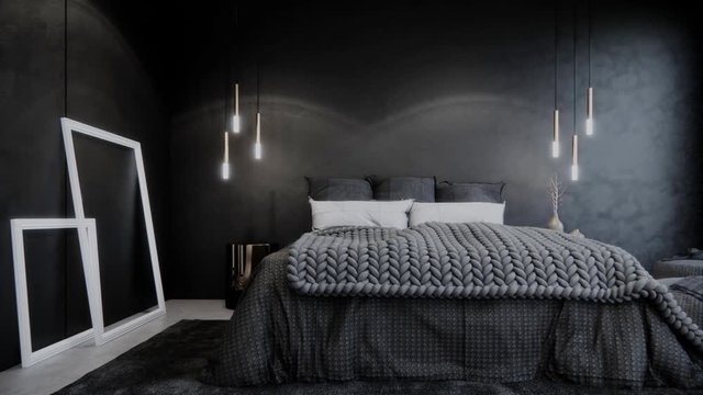 interior of modern black bedroom, bright light outside, pan right shot, video ultra HD 4K 3840x2160, 3D animation