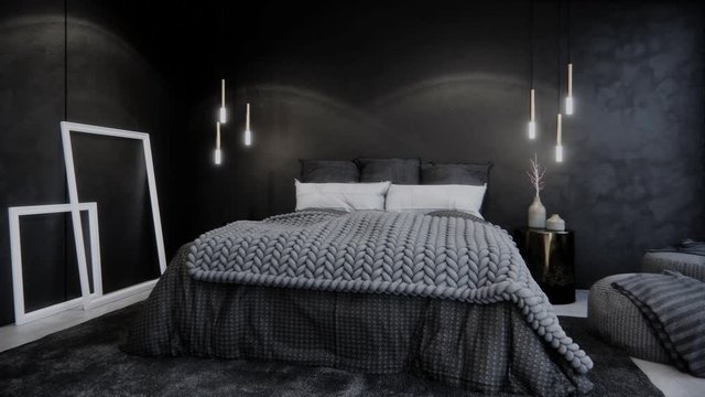 interior of modern black bedroom, bright light outside, rotating shot, video ultra HD 4K 3840x2160, 3D animation