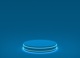 3d blue neon light cylinder podium minimal studio blue dark background. Abstract 3d geometric shape object illustration render. Display for technology product.