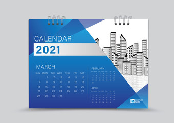 Desk Calendar 2021 Creative design can be place photo and logo, Week starts on Sunday, March Page vector for calendar 2021 template, Blue gradient background