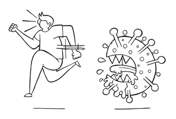 Hand drawn vector illustration of Wuhan corona virus, covid-19. Man running away from virus.