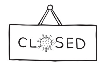 Hand drawn vector illustration of Wuhan corona virus, covid-19. Closed sign with virus.