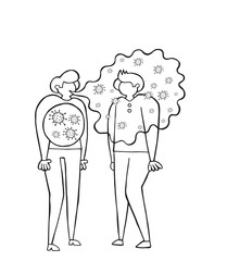 Hand drawn vector illustration of Wuhan corona virus, covid-19. Infection of the virus through close contact and breathing.