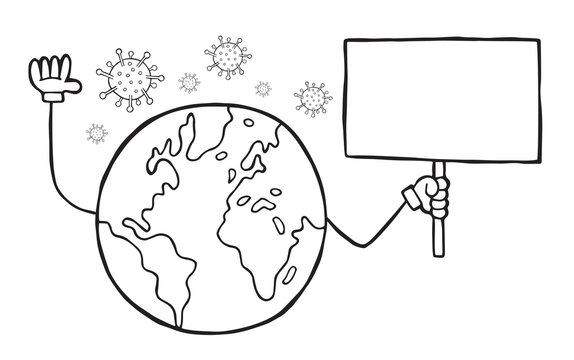 Hand drawn vector illustration of Wuhan corona virus, covid-19. World globe holding blank banner.