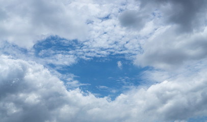 Beautiful white fluffy clouds formation on vivid blue sky know as raincloud
