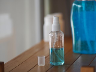 Alcoholic70 in bottle spray and gel alcoholic mixture with gelatin in clear Plastic bottle with pump pushing, Hand Sanitizer, washing clean dirty to prevent germs protect colona virus, covid 19