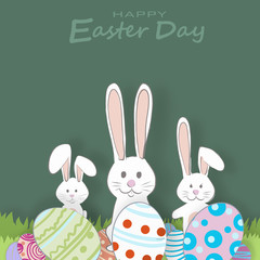 Vector paper cut. With rabbits, grassland, sky and Easter eggs. For Easter day background.