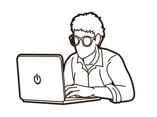 Man works on his laptop cartoon graphic vector.