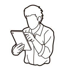 Man using digital tablet cartoon graphic vector