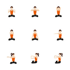 Arms and shoulders stretching asanas set in lotus pose/ Illustration stylized woman practicing exercises for hands in padmasana