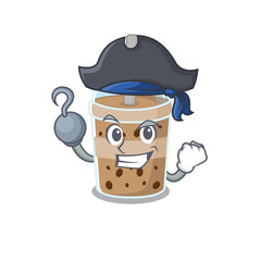 Cool chocolate bubble tea in one hand Pirate cartoon design style with hat