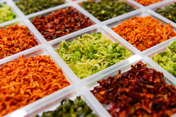 Sublimated thinly sliced vegetables. Dried greens, carrots, beets, cabbage.