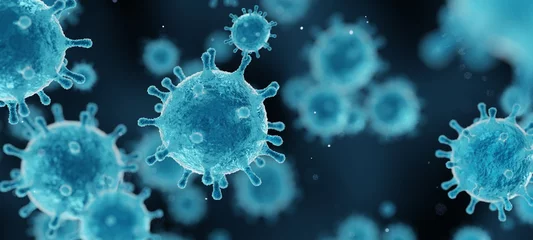 Fotobehang corona virus 2019-ncov flu outbreak, covid-19 3d banner illustration, microscopic view of floating influenza virus cells © CREATIVE WONDER