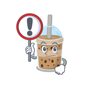 Cheerful cartoon style of chocolate bubble tea holding a sign