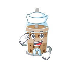Cute chocolate bubble tea Sailor cartoon character wearing white hat