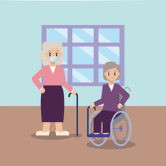 elderly care, old women on the living room