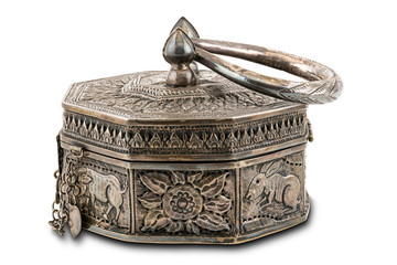 Ancient Thai vintage silver basket handcraft isolated on white background with clipping path.