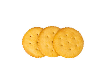 Top view of freshly baked round crackers isolated on white background with clipping path..