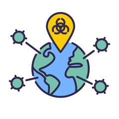 Vector thin line icon illustration with planet earth globe, biohazard symbol and virus. For concepts of pandemics, epidemics, biowarfare, coronavirus, covid19 and other dangers of viral outbreaks.