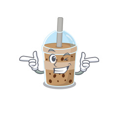 Smiley chocolate bubble tea cartoon design style showing wink eye