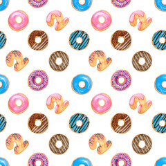 Seamless pattern of watercolor painting illustration colorful donuts, Two thousand twenty letters doughnut with colorful sugar chocolate candy topping on white concept for New year celebration card
