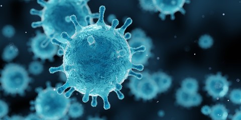 corona virus outbreak, covid-19, microscopic view of floating influenza virus cells, 3d rendering - obrazy, fototapety, plakaty