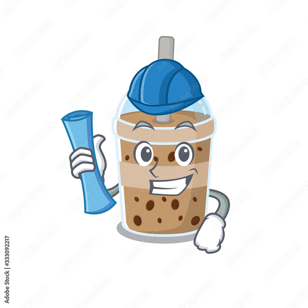 Sticker Smiling Architect of chocolate bubble tea having blue prints and blue helmet