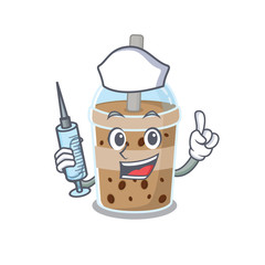 Friendly nurse of chocolate bubble tea mascot design holding syringe