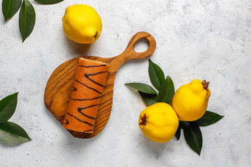 Quince jam cake roll with fresh organic quinces