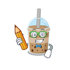 A smart student chocolate bubble tea character with a pencil and glasses