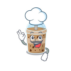 Cute chocolate bubble tea cartoon character wearing white chef hat