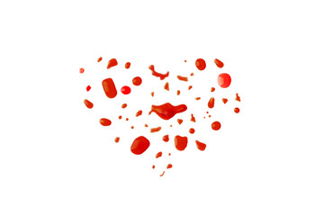 heart shape from red liquid droplets. love symbol drops of red juice on white background