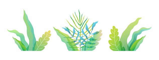 Fresh spring or summer green florals, leaves and grass flat watercolor style vector illustration.