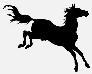 Horse successfully negotiating an obstacle. Stallion raised its head during the jump. Vector black silhouette clip art for equestrian goods, show jumping clubs.
