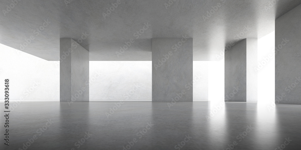 Poster abstract of concrete space with sun light cast the shadow on the wall ,geometric structure, museum s