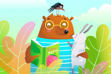 Bear and hare or rabbit reading book friends in forest nature book cover adorable characters.