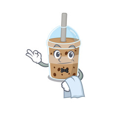A design of chocolate bubble tea cartoon character working as waiter