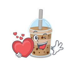 A romantic cartoon design of chocolate bubble teaholding heart