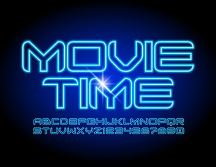 Vector blue neon poster Movie Time. Electric techno Font. Glowing Alphabet Letters and Numbers