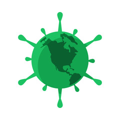 Earth with virus. World virus infection icon. Coronavirus cells on globe. Pandemic. Flat style. Isolated on white background. 