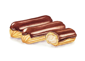 Watercolor illustration of eclairs isolated on white