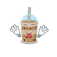 Funny face chocolate bubble tea mascot design style with tongue out