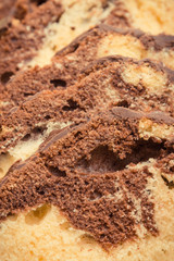 Vintage photo, Fresh baked homemade marble cake with cocoa and chocolate icing
