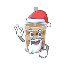 Chocolate bubble tea in Santa cartoon character design showing ok finger