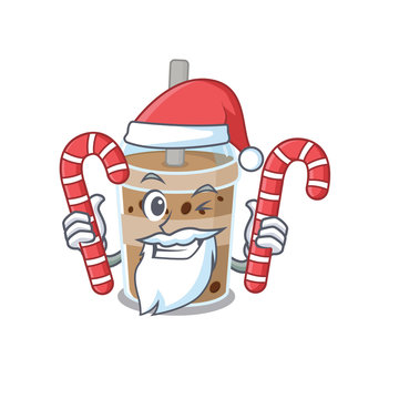 Friendly chocolate bubble tea in Santa Cartoon character having candies