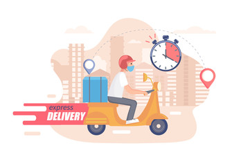 Fast,free and healthy scooter delivery concept. Food and other shipping service for websites in quarantine. Vector illustration of quick and express deliver. Advertise for restaurants, caffees, shops.