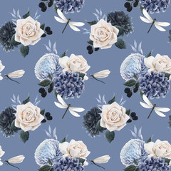 Beautiful vector seamless floral pattern with watercolor blue flowers, white roses and dragonflies . Stock illustration.
